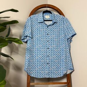 Con.Struct Mens XL Slim Fit Blue Fish Print Short Sleeve Button Down Shirt